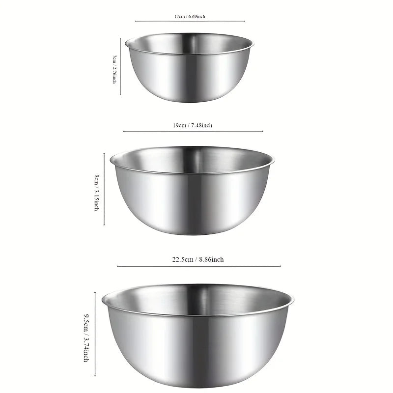3 Stainless Steel Mixing Bowls with Measurements